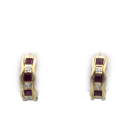 14k Yellow Gold 1.26CT Diamond and Ruby Hoop Huggie Earrings