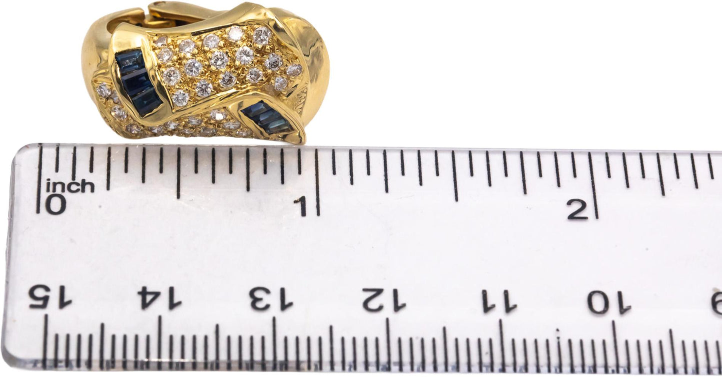 Diamond and Sapphire 18k Yellow Gold Curved Clip On Earrings 2.10CT