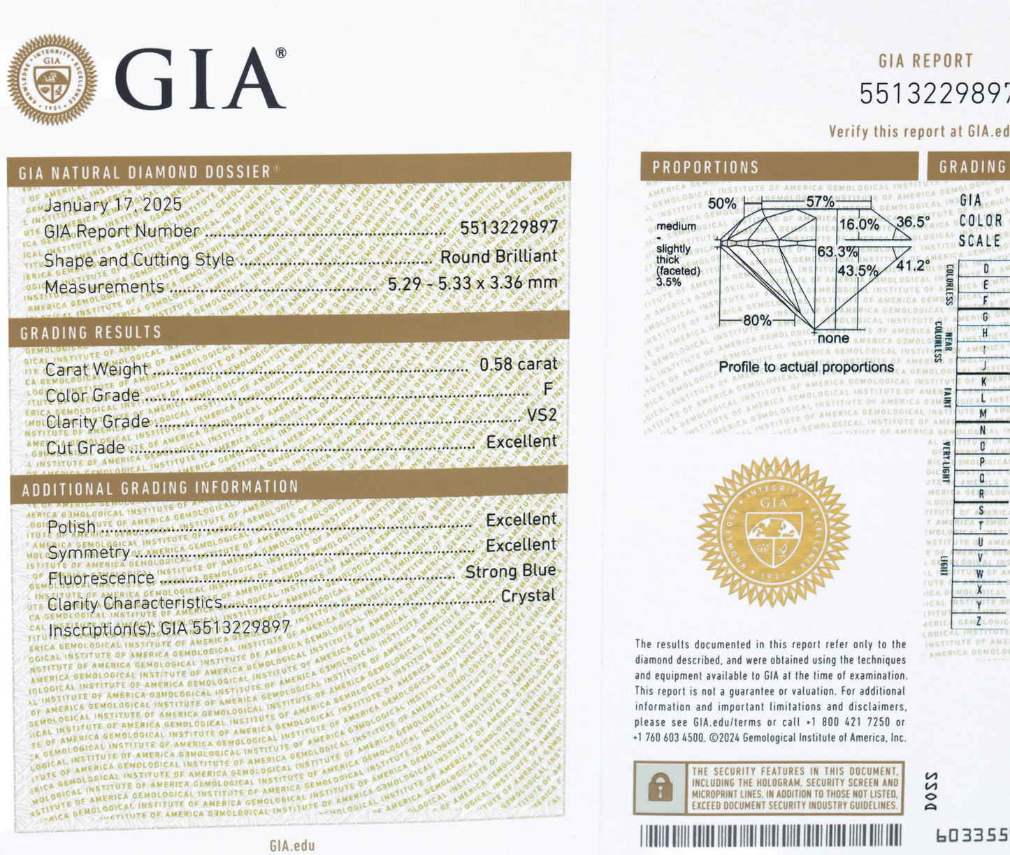 GIA Certified 0.58CT VS2/F Round Brilliant Loose Diamond w/ Report