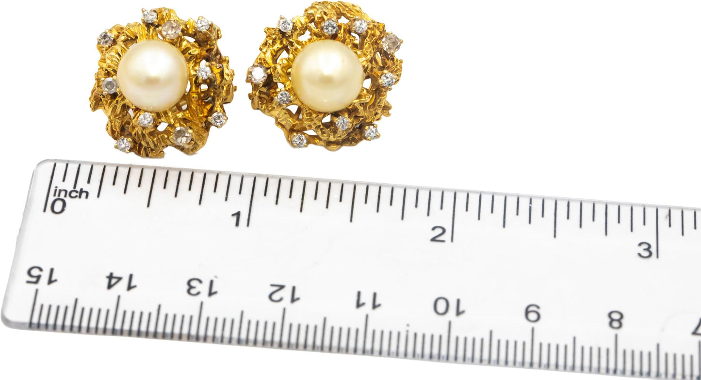 10k Yellow Gold VS Round Cut Diamond & 9mm Pearl Freeform Earrings 0.75CT