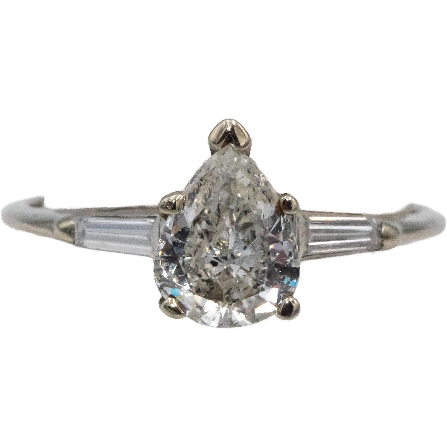 14k White Gold Pear & Baguette Cut Diamond Engagement Ring 0.89CT Size 6