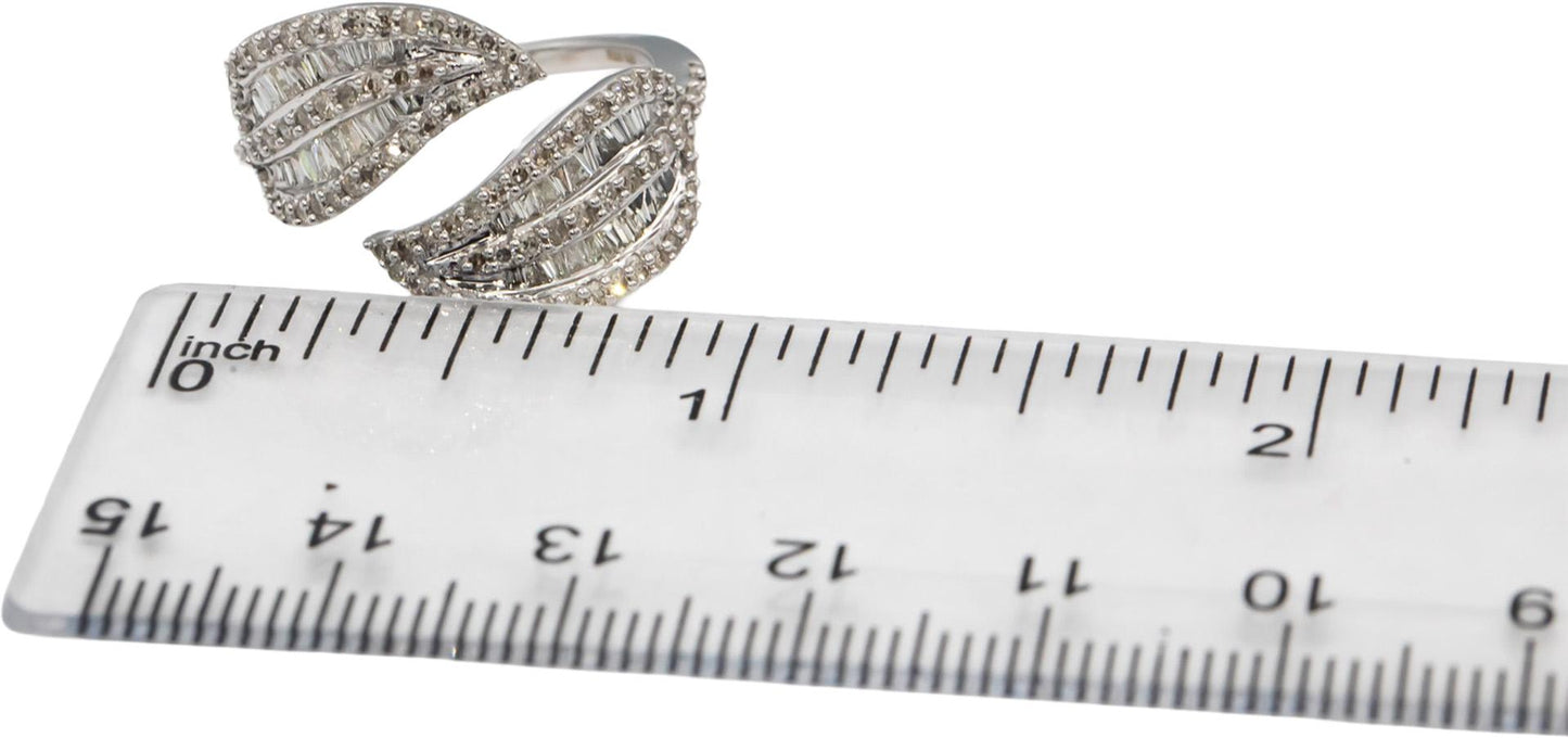 14k White Gold Round & Baguette Diamond Crossover Floral Ring 1.0CT Size 7