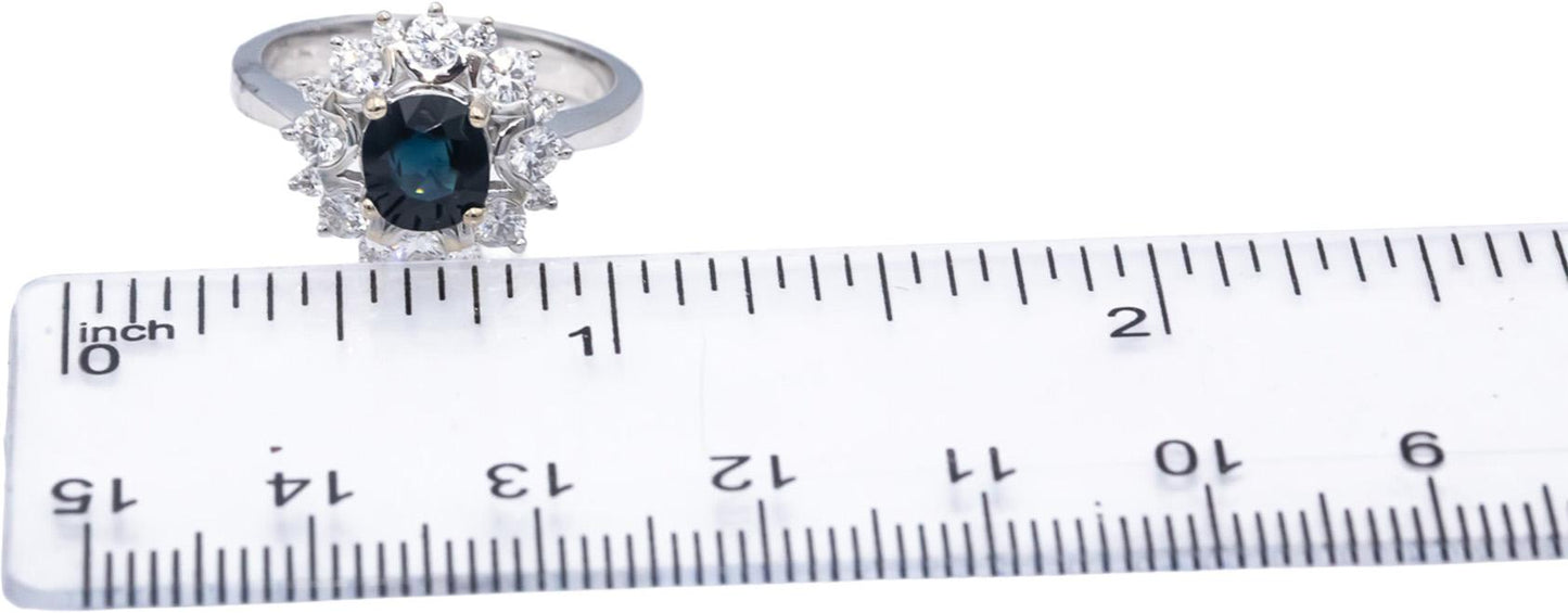 18k White Gold Round Blue Sapphire & Diamond Halo Ring 1.68CT Size 6.5