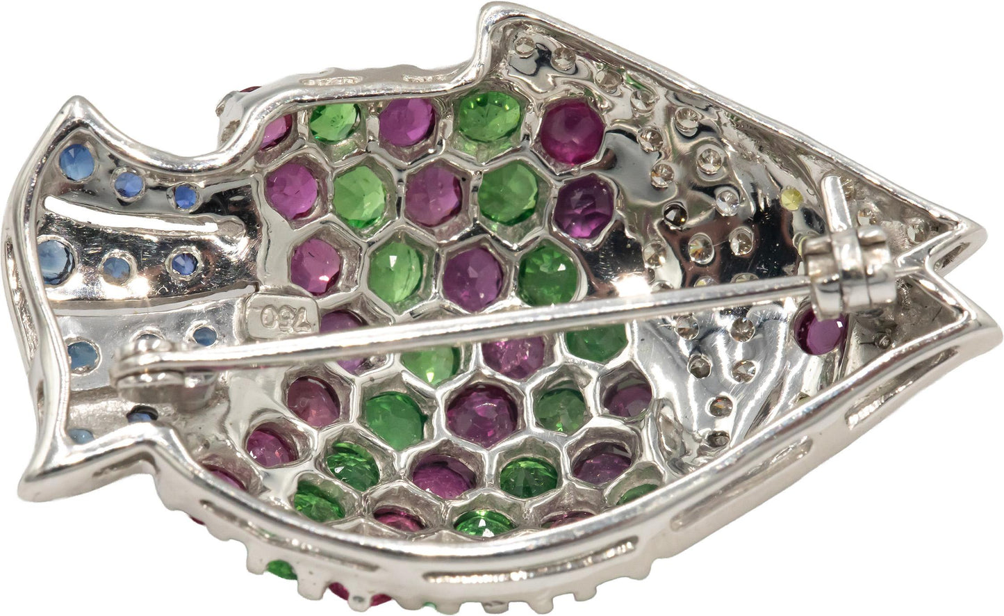 18k White Gold Round Diamond Ruby Sapphire Tropical Fish Brooch 4.70CTW