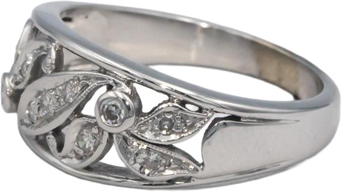 14k White Gold 0.15CT Round Cut Diamond Floral Band Ring Size 6.5