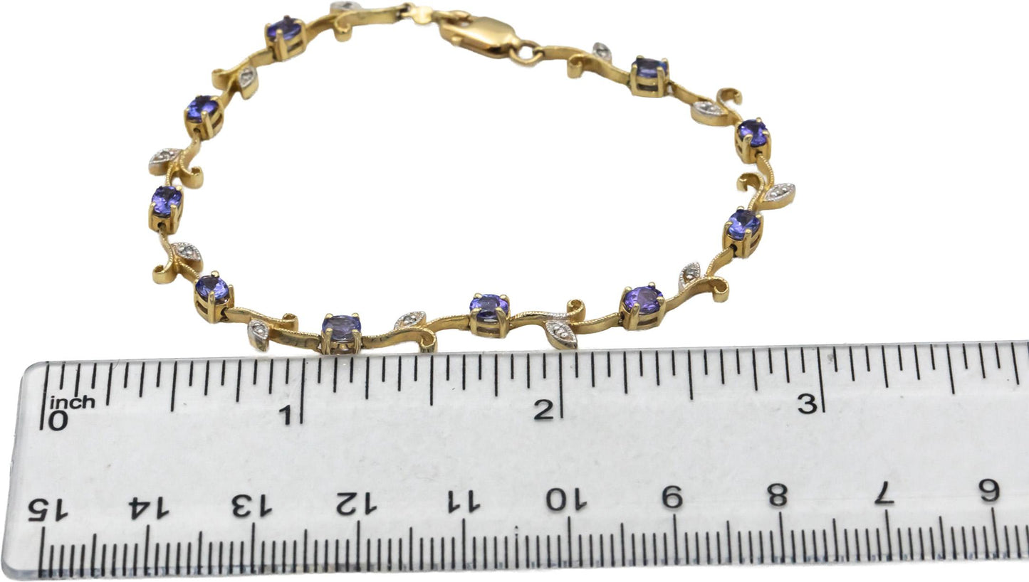 14k Yellow Gold Diamond and Tanzanite Floral Motif Bracelet 1.56CT