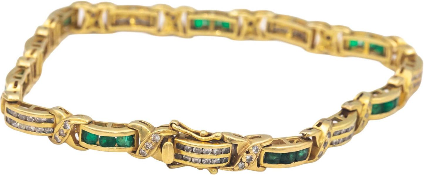 18k Yellow Gold Round Diamond and Emerald Fancy Link Bracelet 2.10CT
