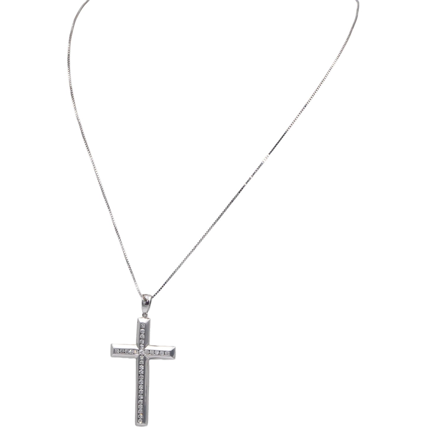 14k White Gold 0.50CT Round Channel Set Diamond Cross Crucifix Pendant Necklace