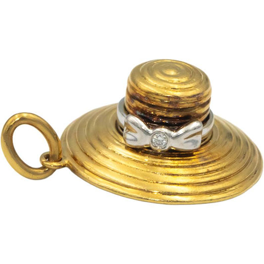 TIFFANY & CO. 18k Gold Sun Straw Hat Diamond Charm Pendant 0.01CT w/ Pouch & Box