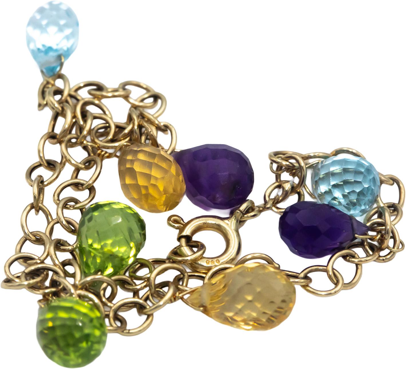 14k Yellow Gold Briolette Cut Citrine Amethyst Topaz Peridot Bracelet
