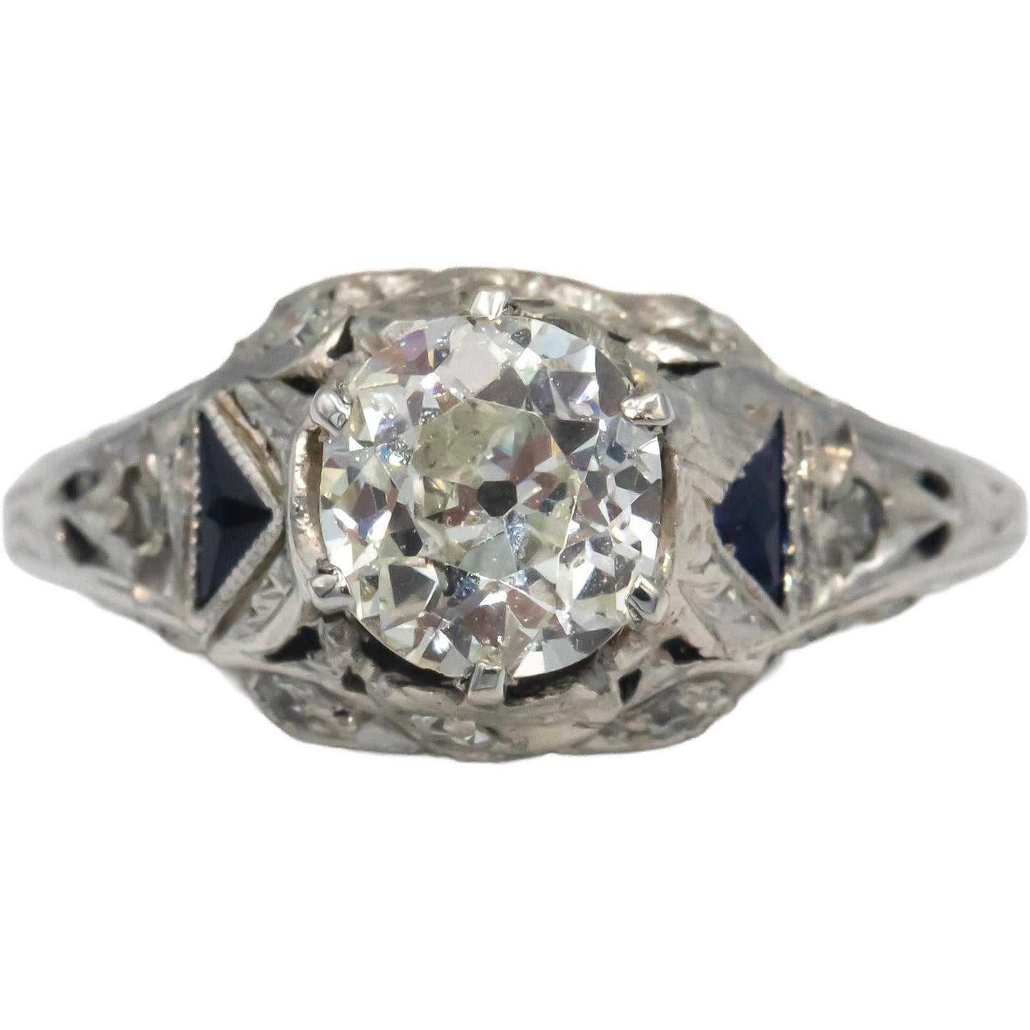 Vintage Platinum Diamond Synthetic Sapphire Filigree Ring 1.20CT w/ 1.0CT Center