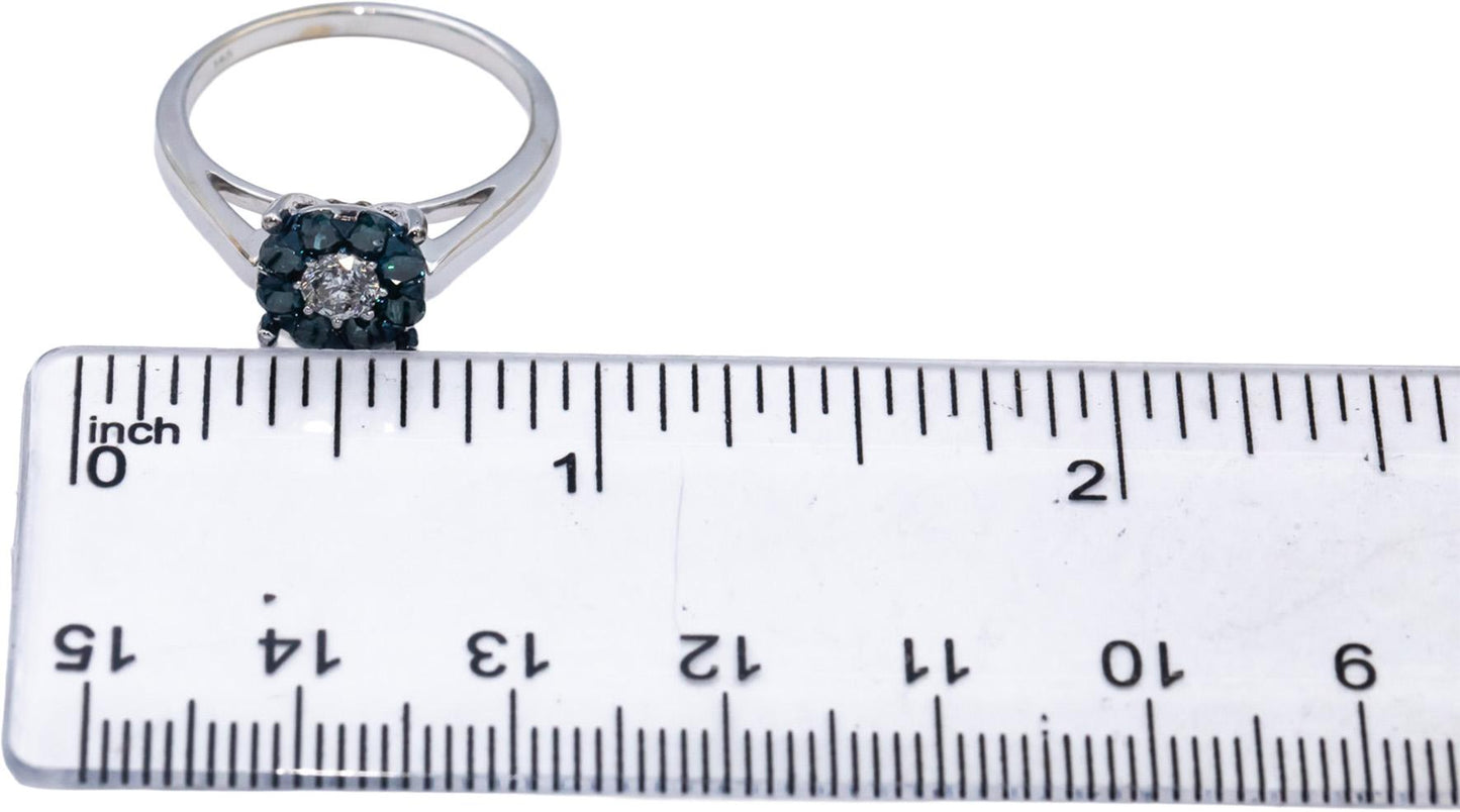 14k White Gold Round White and Blue Diamond Cluster Cocktail Ring 0.50CT Size 7