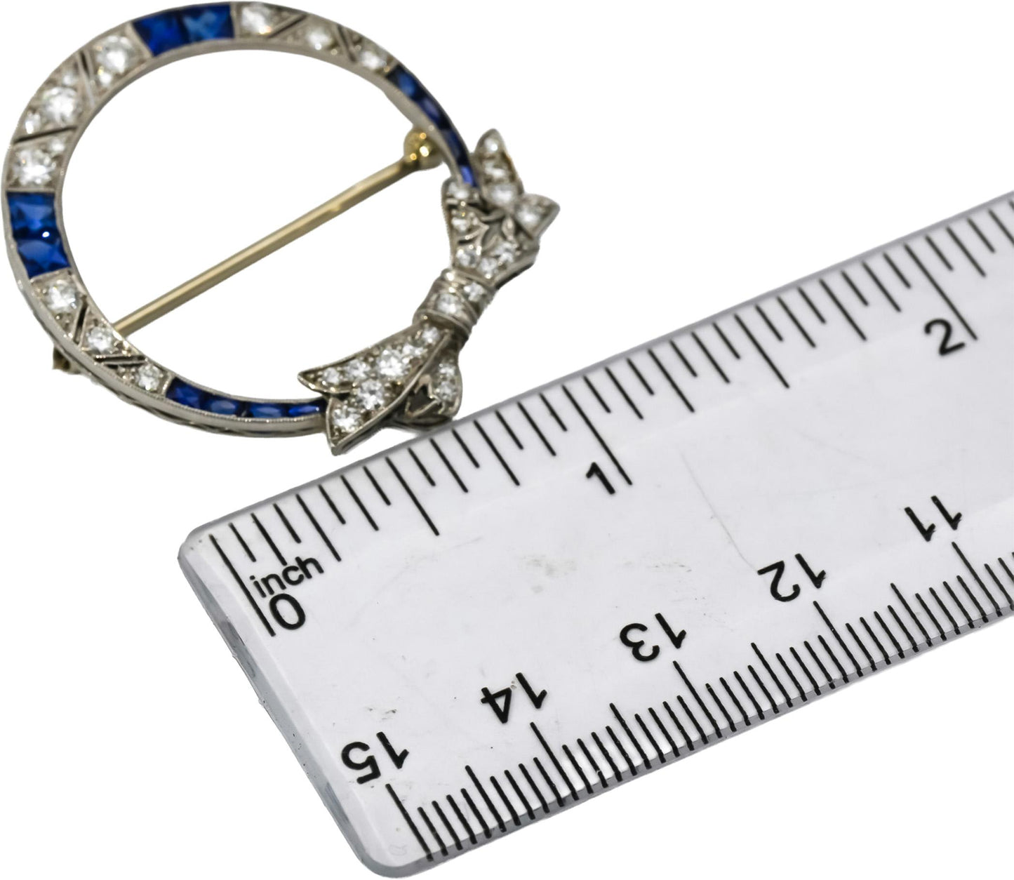 Art Deco Platinum VS Diamond and Synthetic Sapphire Wreath Ribbon Brooch 1.85CT