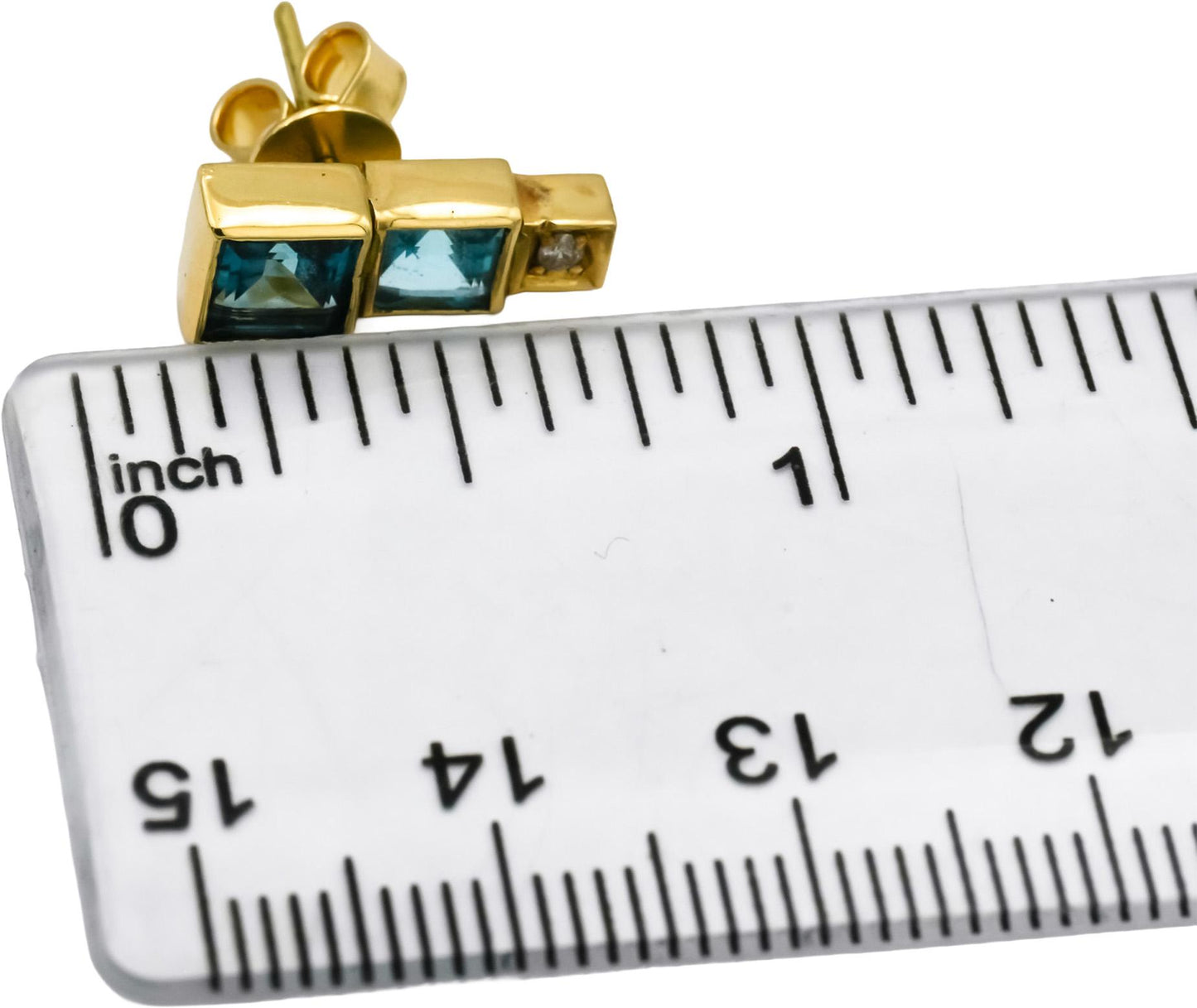 18k Yellow Gold Blue Topaz Stud Earrings w/ Diamond Accents