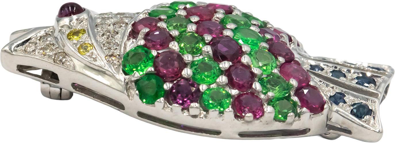 18k White Gold 4.70CT Diamond Ruby Sapphire Tropical Fish Brooch