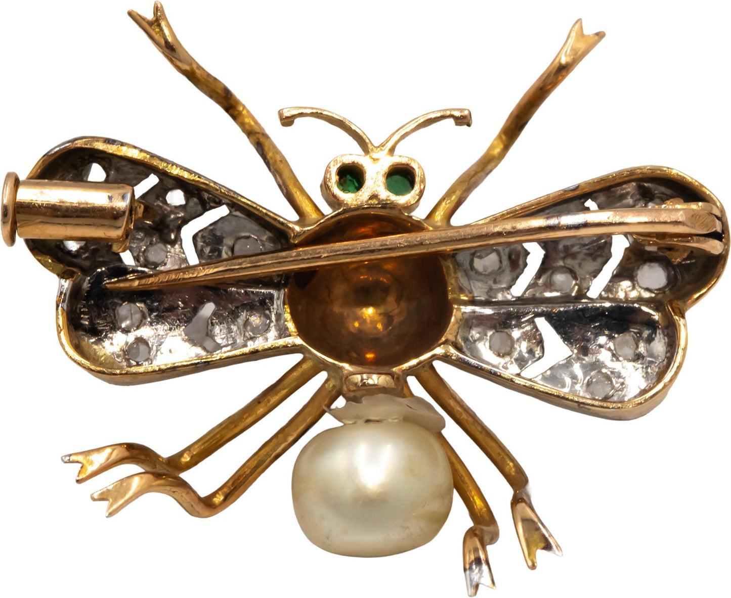 Antique 18k & 14k White Yellow Gold 0.08CT Diamond and Pearl Insect Fly Brooch