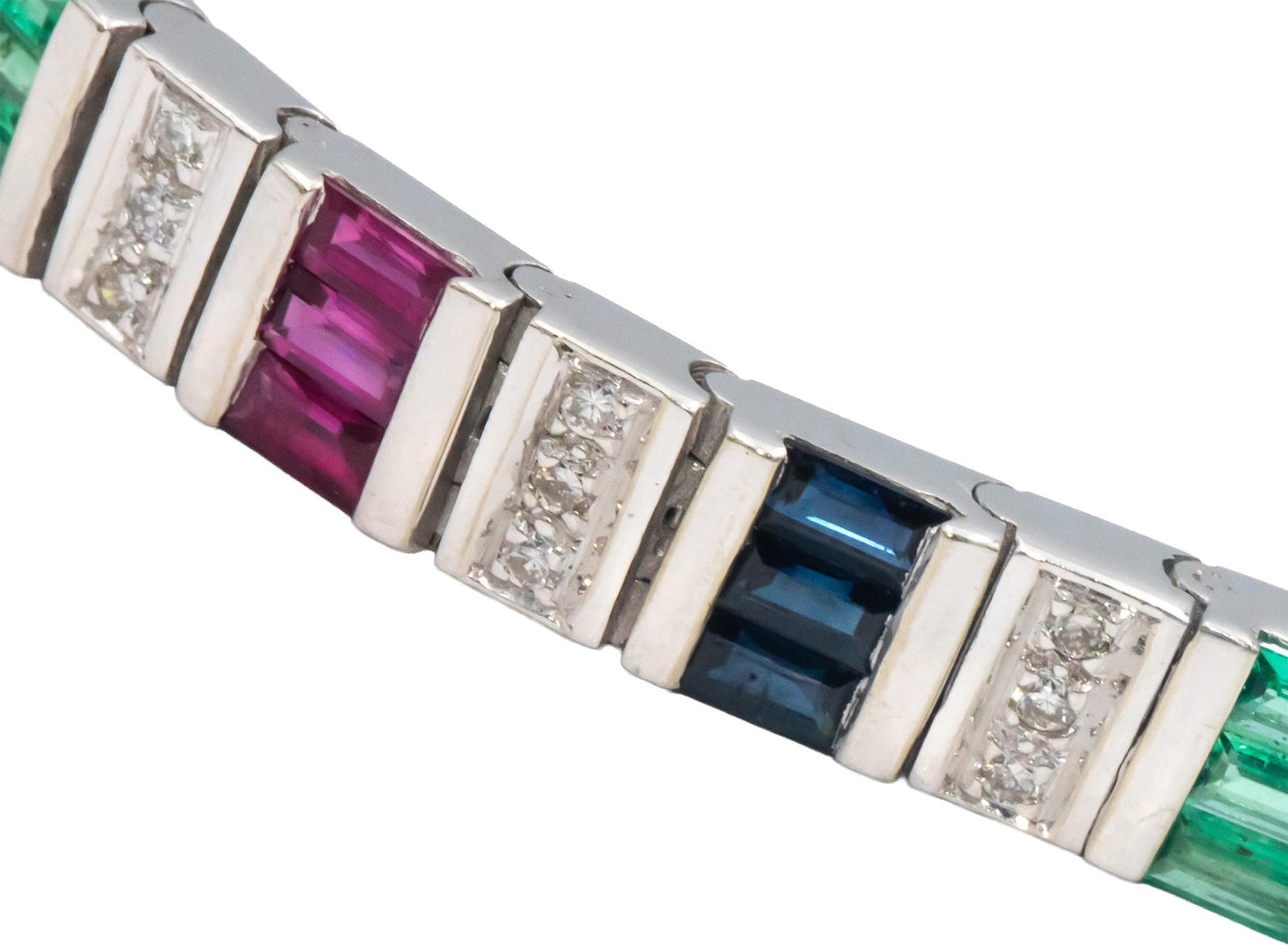 14k White Gold Diamond Ruby Sapphire Emerald Fancy Bracelet 5.85CT