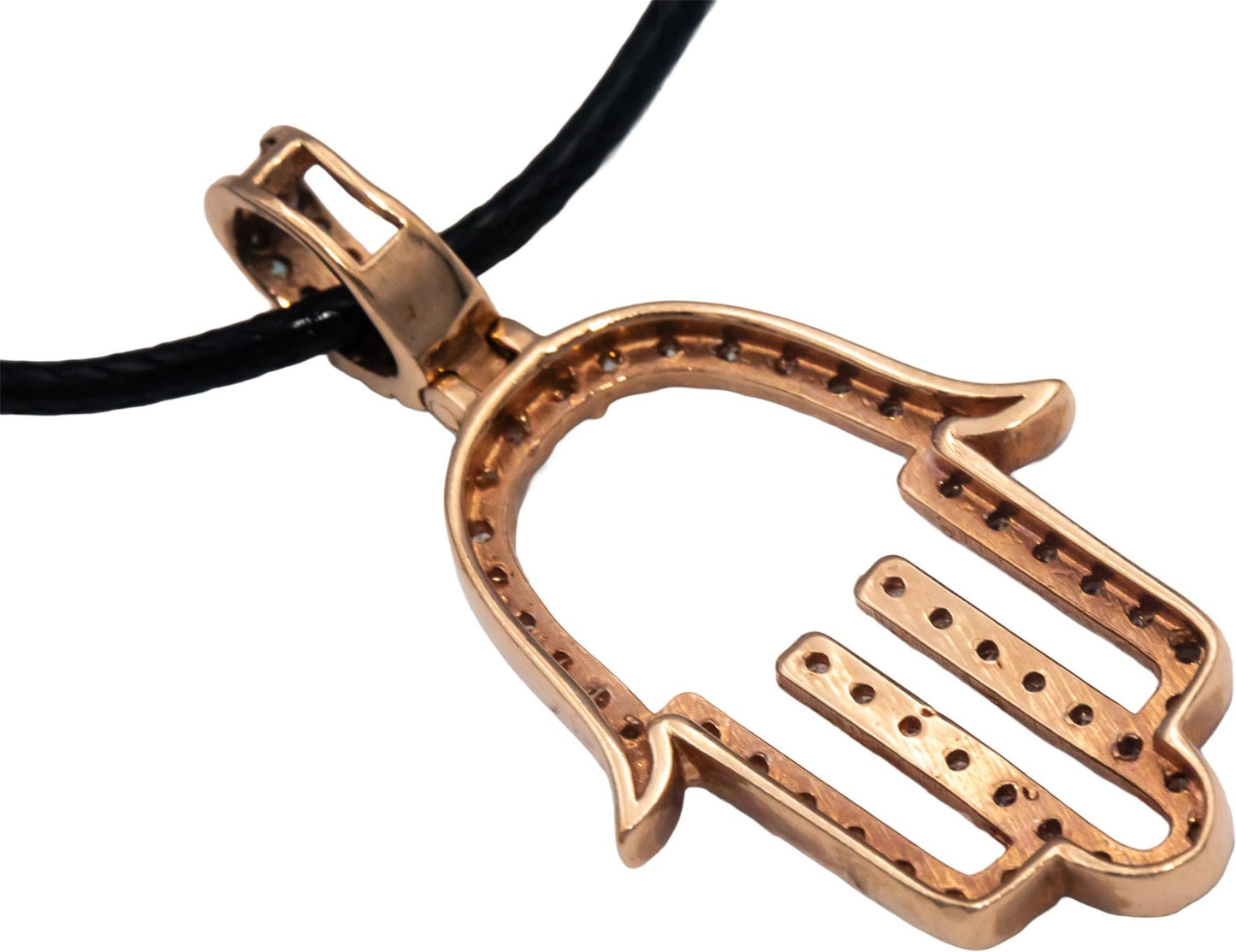 10k Rose Gold Round Diamond Hamsa Hand Pendant On Cord Necklace 1.09CT