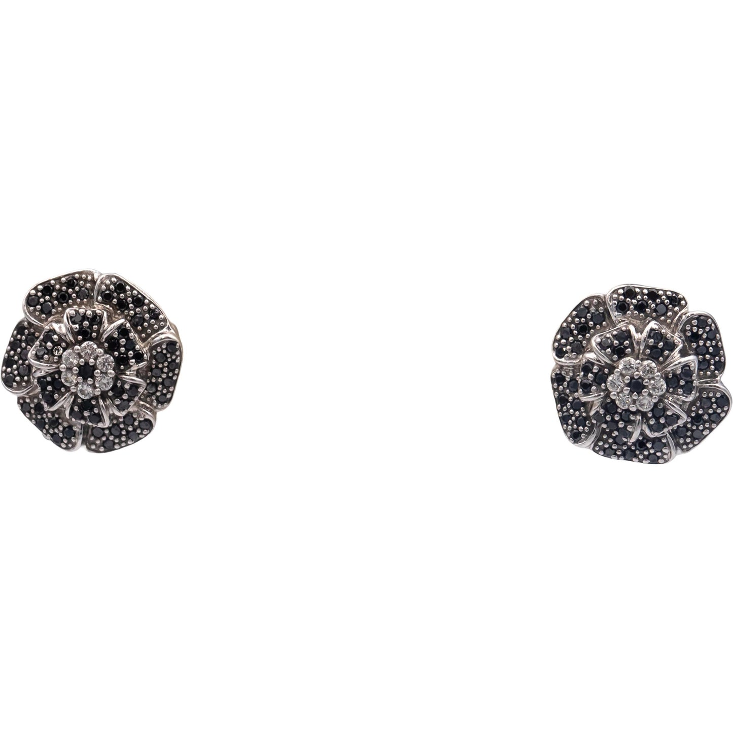14k White Gold 0.75CT White and Black Diamond Cluster Flower Stud Earrings
