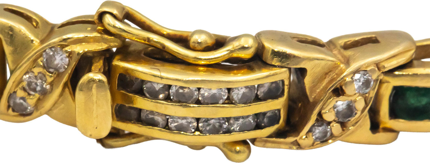 18k Yellow Gold Round Diamond and Emerald Fancy Link Bracelet 2.10CT