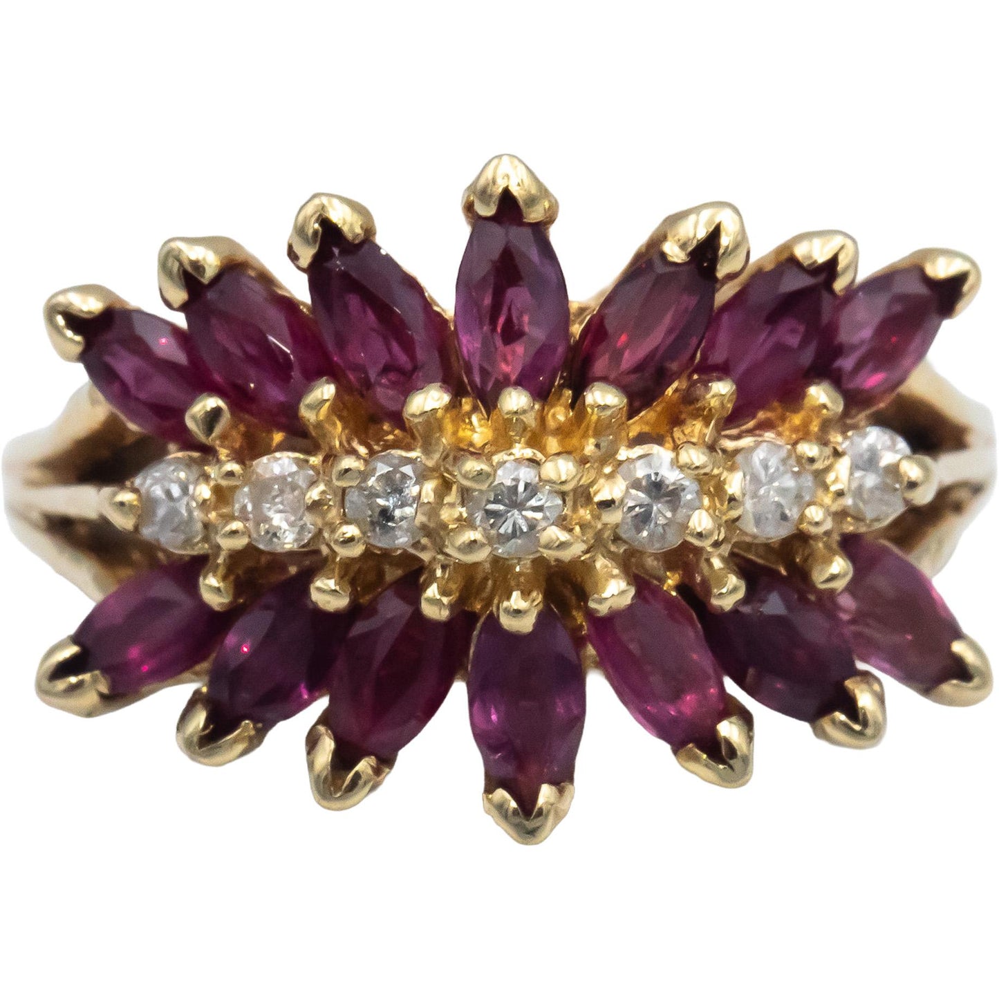 14k Yellow Gold Ruby and Diamond Cluster Cocktail Ring 1.15CT Size 7