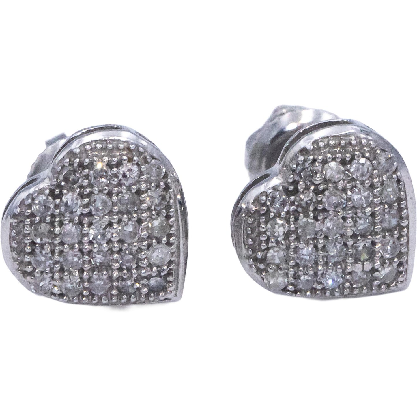 Diamond Round Cut 10k White Gold Cluster Heart Stud Screw Back Earrings 0.10CT