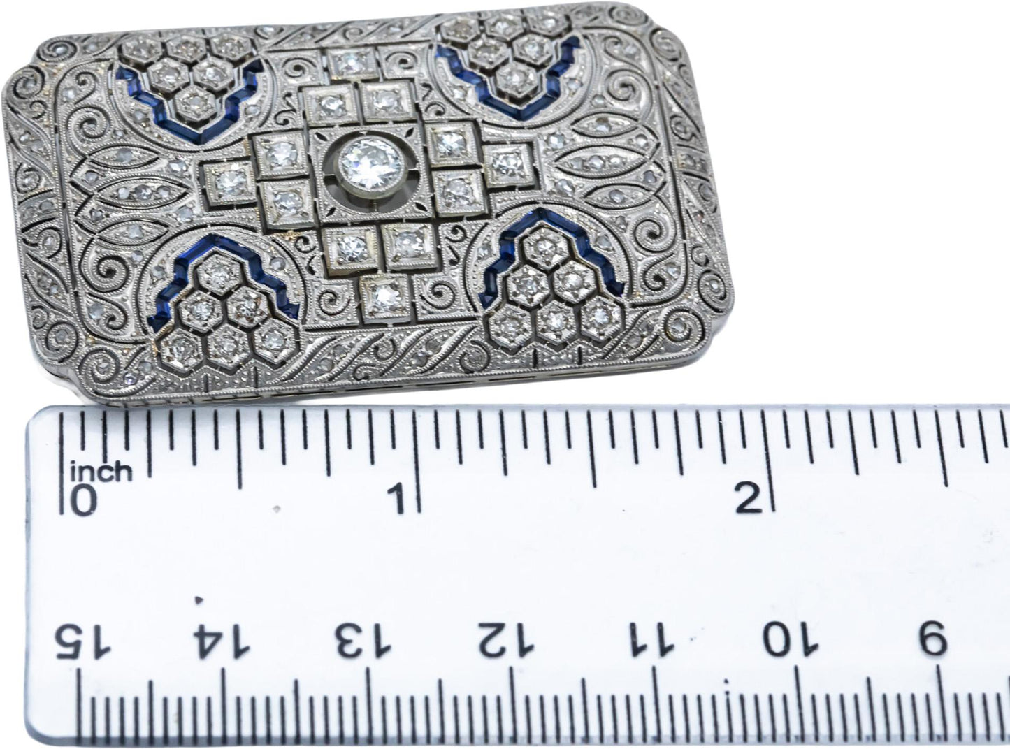 Art Deco Platinum & 18k Gold VS Diamond & Synthetic Sapphire Brooch 1.75CT