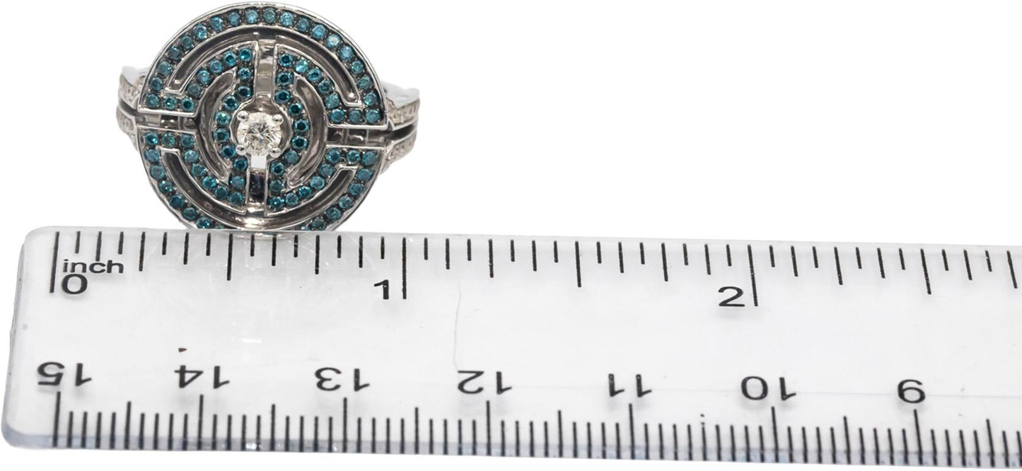 14k White Gold Round White & Blue Diamond Cocktail Ring 0.75CT Size 7