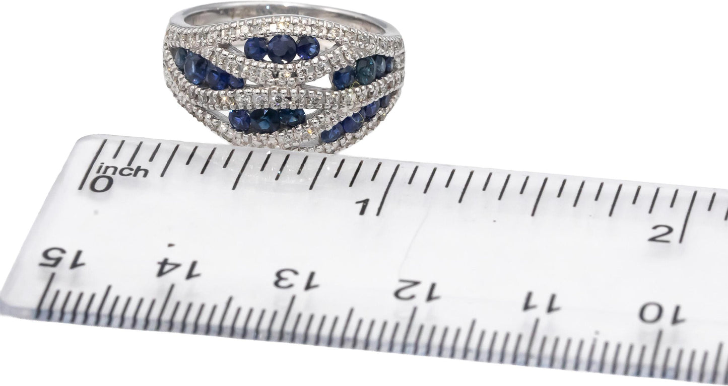 14k White Gold Round Diamond & Blue Sapphire Cocktail Ring 1.15CT Size 7