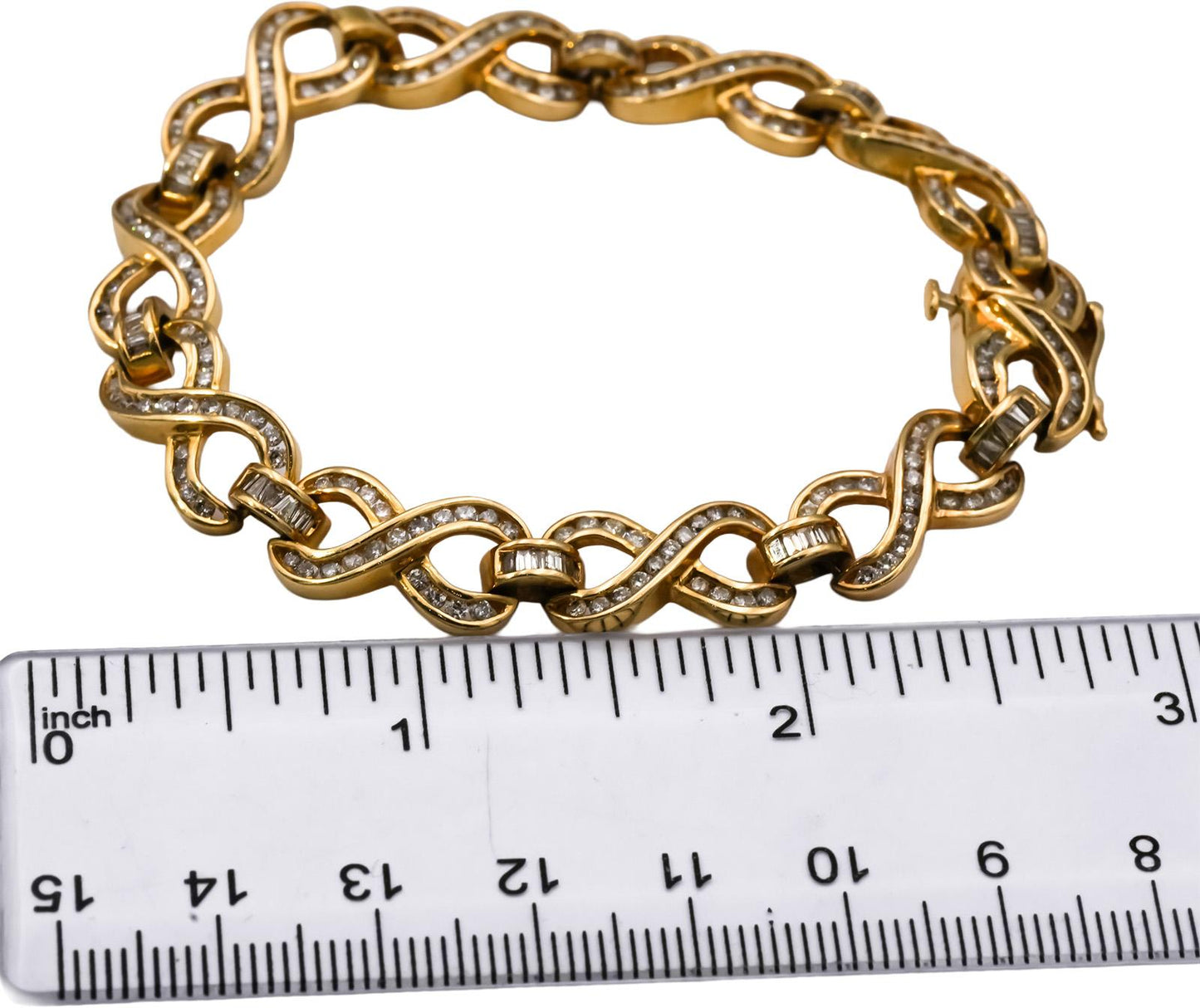 14k Yellow Gold Round & Baguette Cut Diamond Infinity Link Bracelet 4.0CT