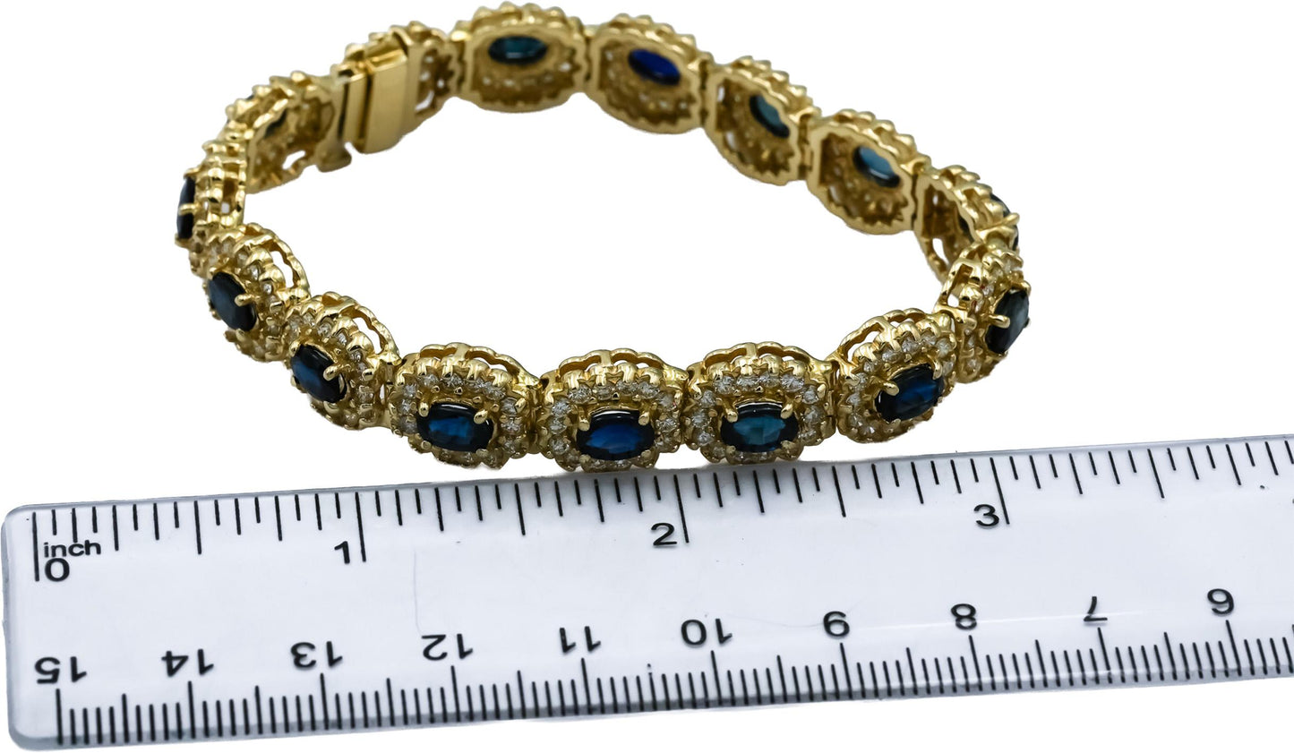14k Yellow Gold Round Diamond and Oval Sapphire Halo Link Bracelet 16.0CT