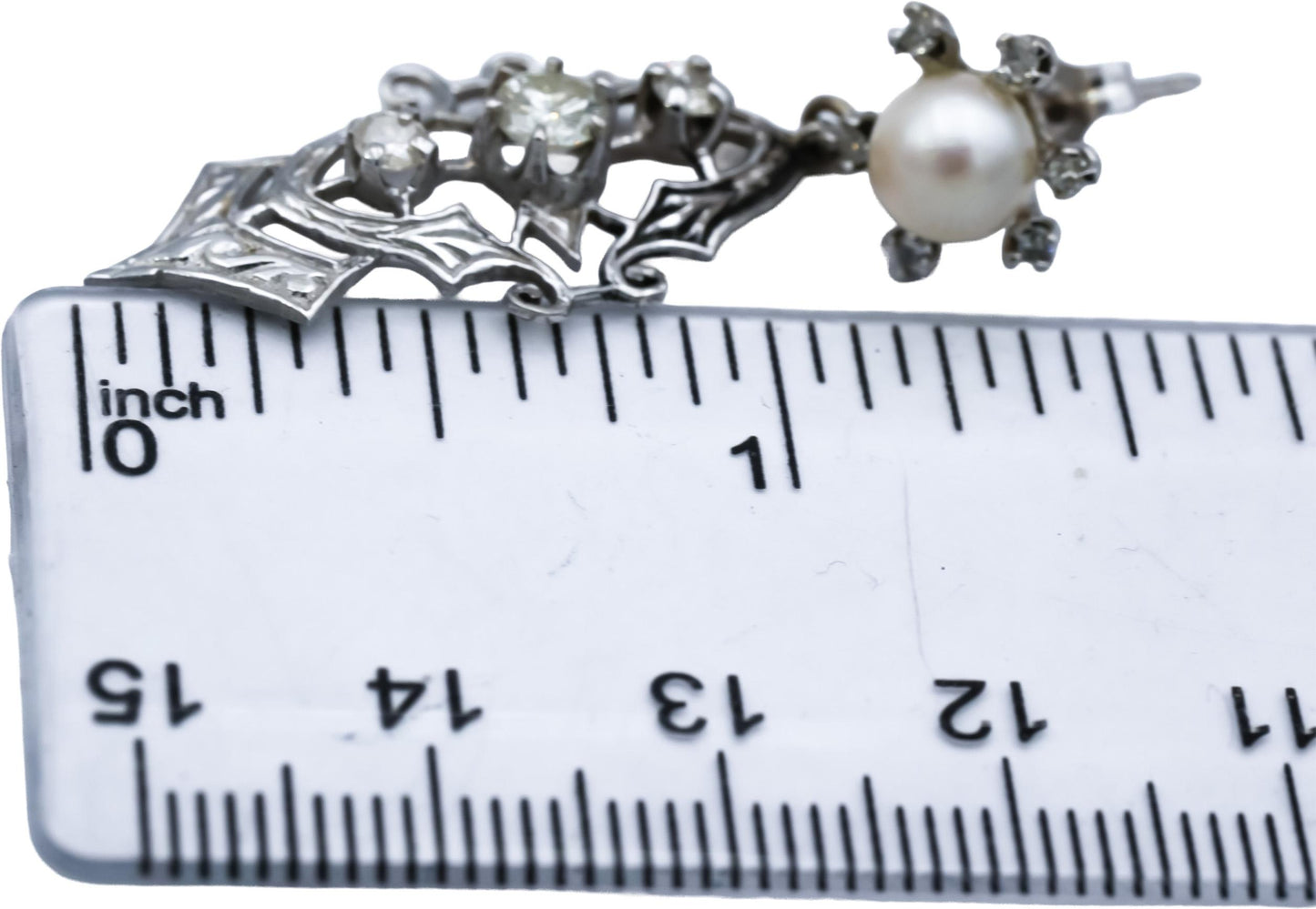 Vintage Antique 14k White Gold Diamond and 6.2mm Pearl Dangle Earrings 1.10CT