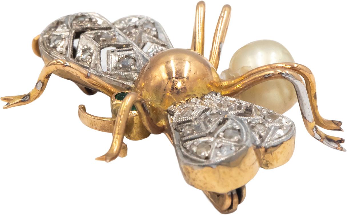 Antique 18k & 14k White Yellow Gold 0.08CT Diamond and Pearl Insect Fly Brooch