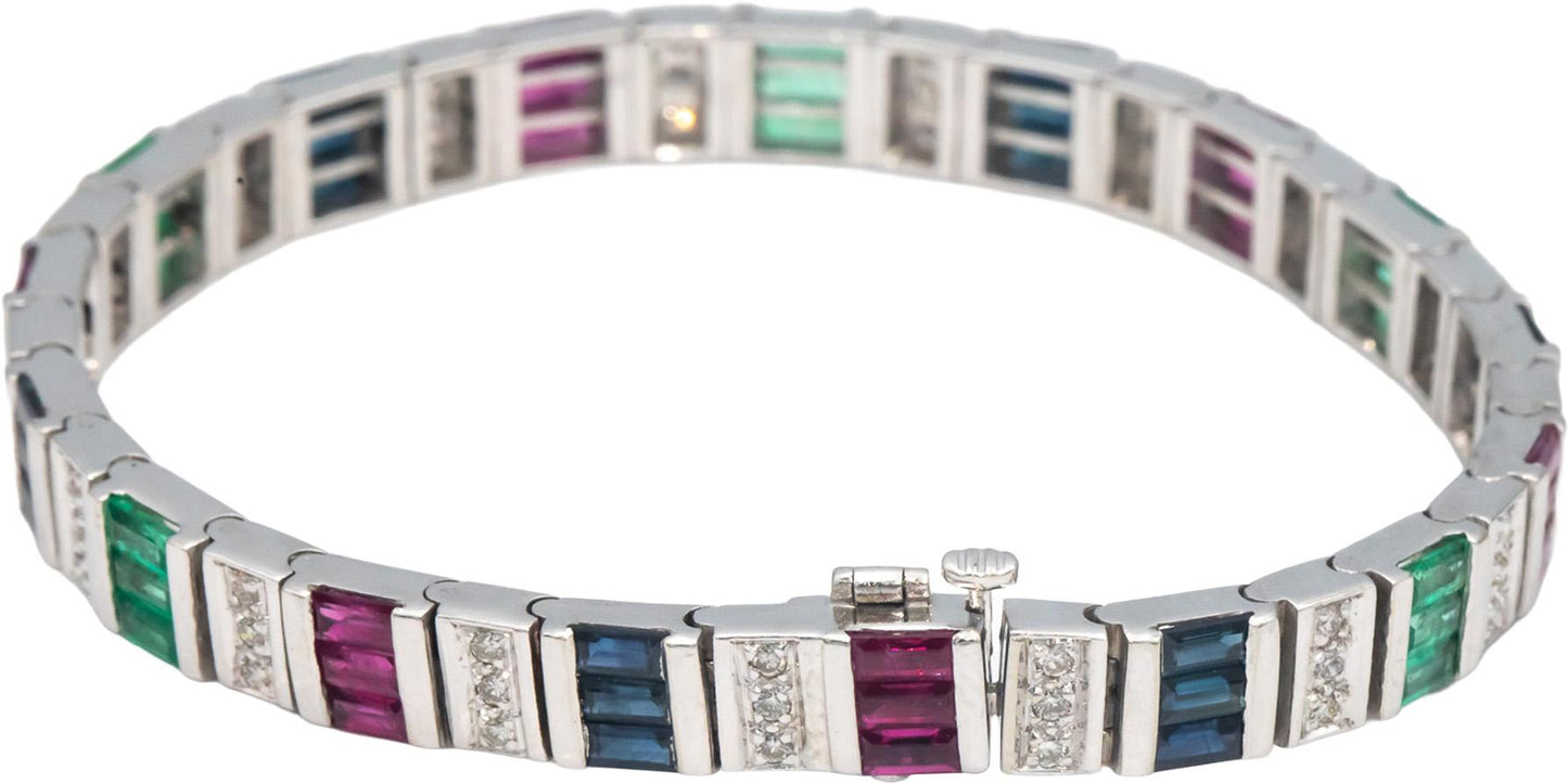 14k White Gold Diamond Ruby Sapphire Emerald Fancy Bracelet 5.85CT