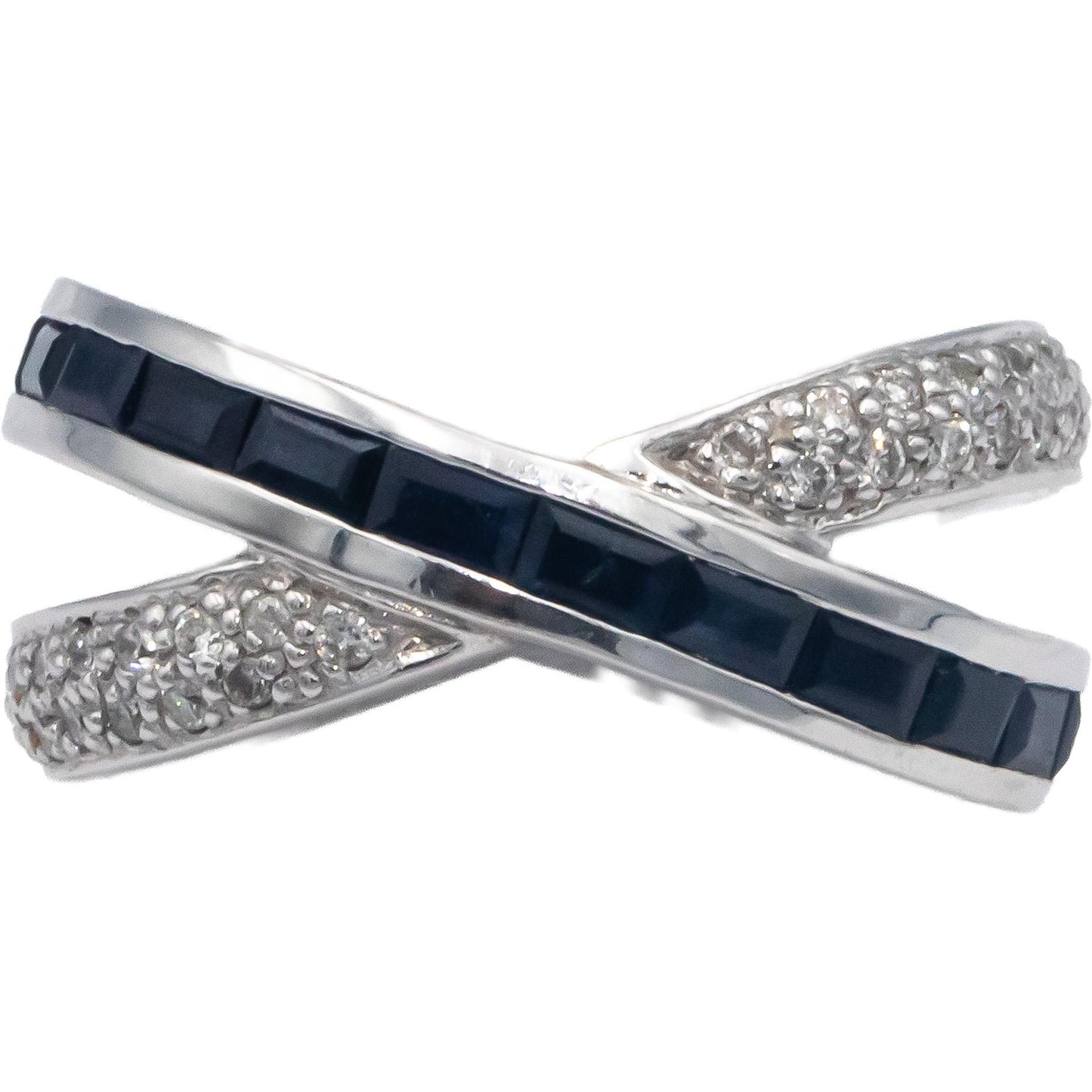 Designer 14k White Gold Diamond and Sapphire Crossover Ring 1.17CT Size 6.75
