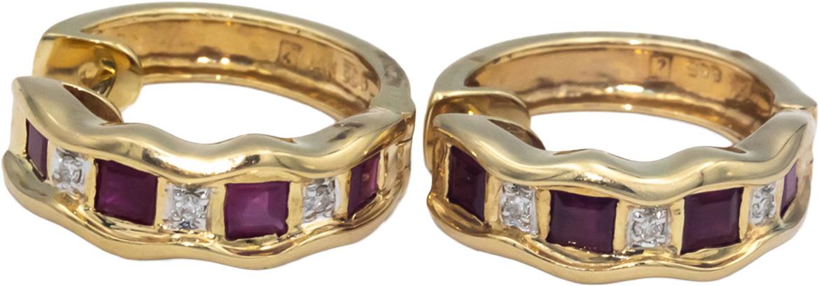 14k Yellow Gold Round Diamond and Square Cut Ruby Hoop Huggie Earrings 1.26CT