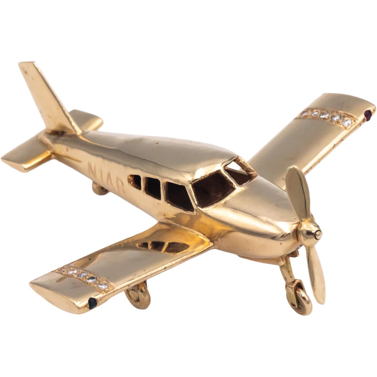 Custom Rare 14k Yellow Gold Diamond and Ruby Airplane Charm 0.25CT