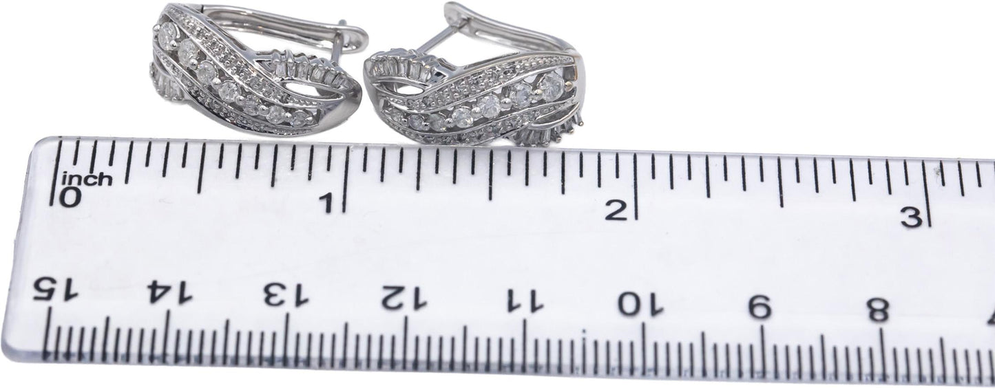 10k White Gold Round and Baguette Cut Curved Earrings 0.50CT