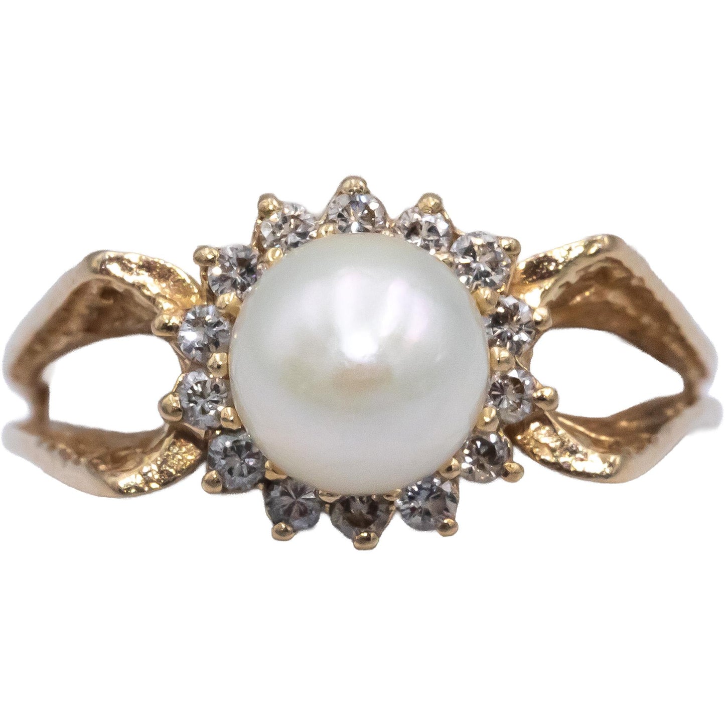 14k Yellow Gold Round Diamond & 6.5mm Pearl Cocktail Ring 0.20CT Size 5.75