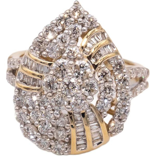 10k Yellow Gold Round & Baguette Cut Cluster Cocktail Ring 2.0CT Size 7