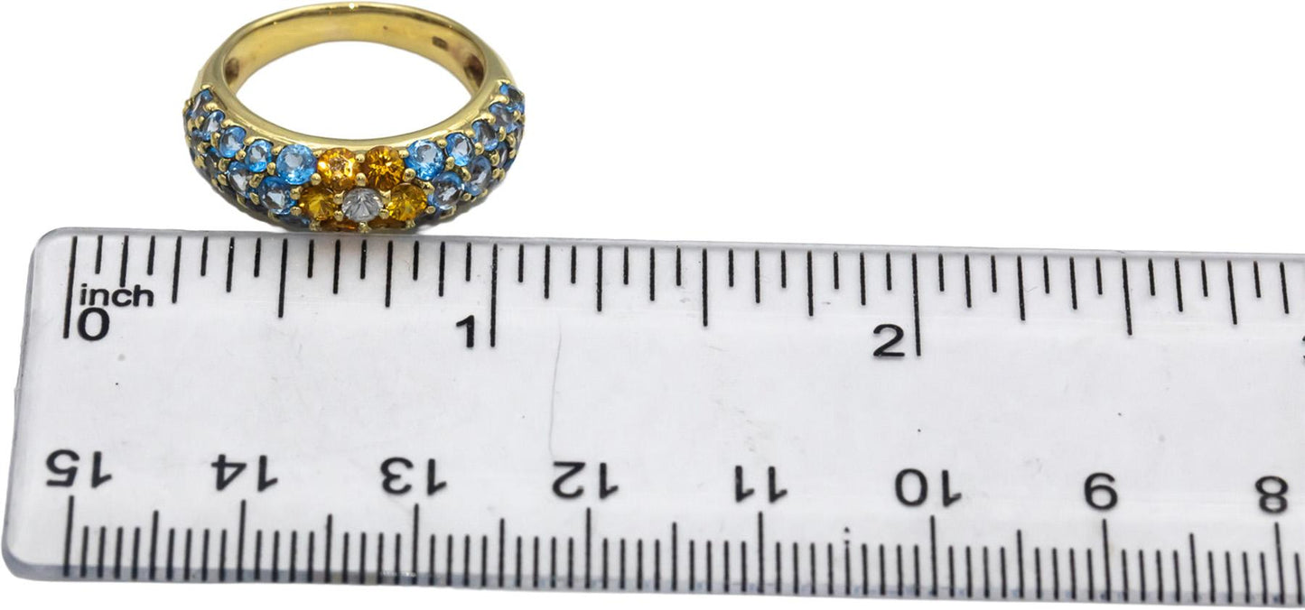 18k Yellow Gold White & Yellow Sapphire Blue Topaz Cluster Band Ring 5.25