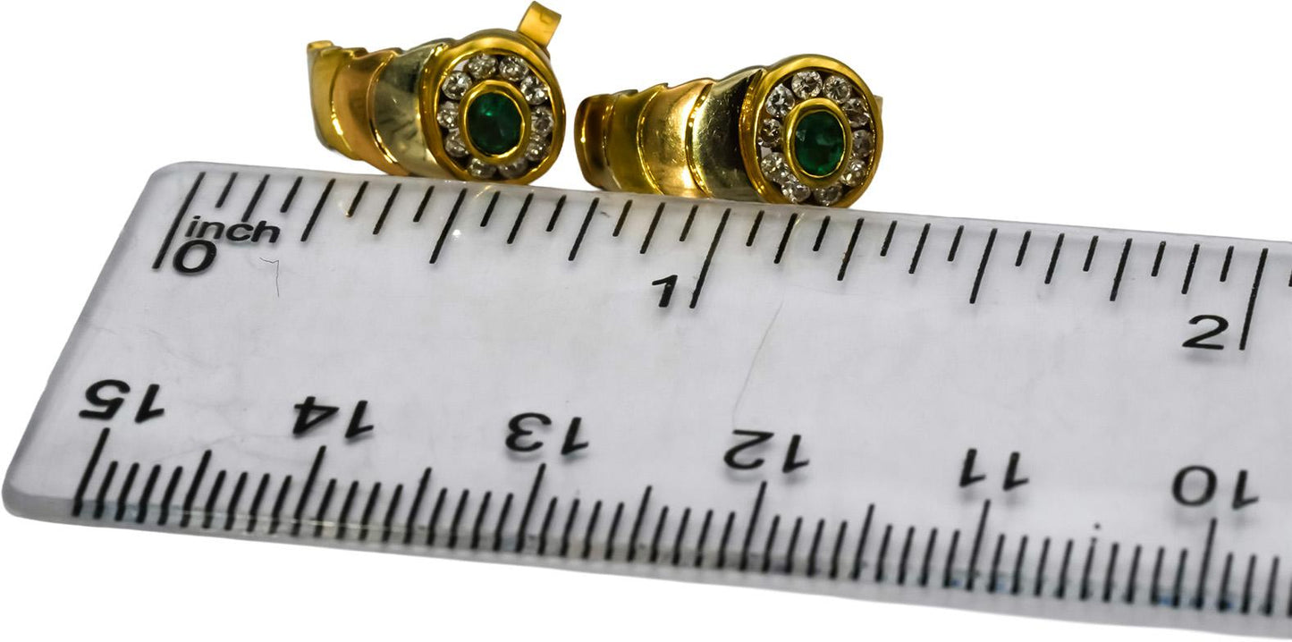 18k Yellow and White Gold Round Diamond & Oval Cut Emerald Stud Earrings 0.30CTW