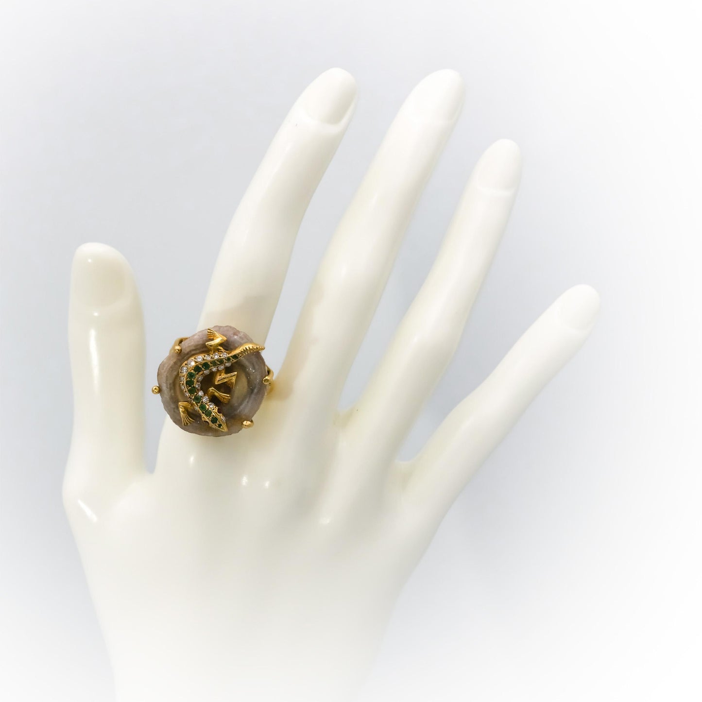 18k Yellow Gold Diamond Emerald Geode Slice Moving Lizard Ring 0.48CT Size 8.25