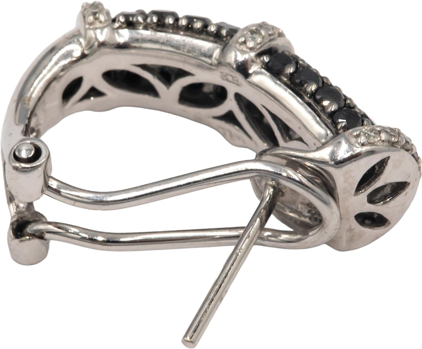 14k White Gold 1.50CT Black and White Diamond Curved Huggie Earrings