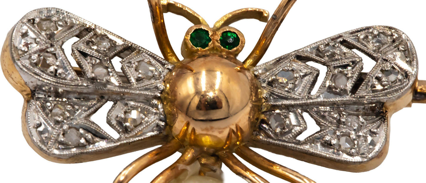 Antique 18k & 14k White Yellow Gold 0.08CT Diamond and Pearl Insect Fly Brooch