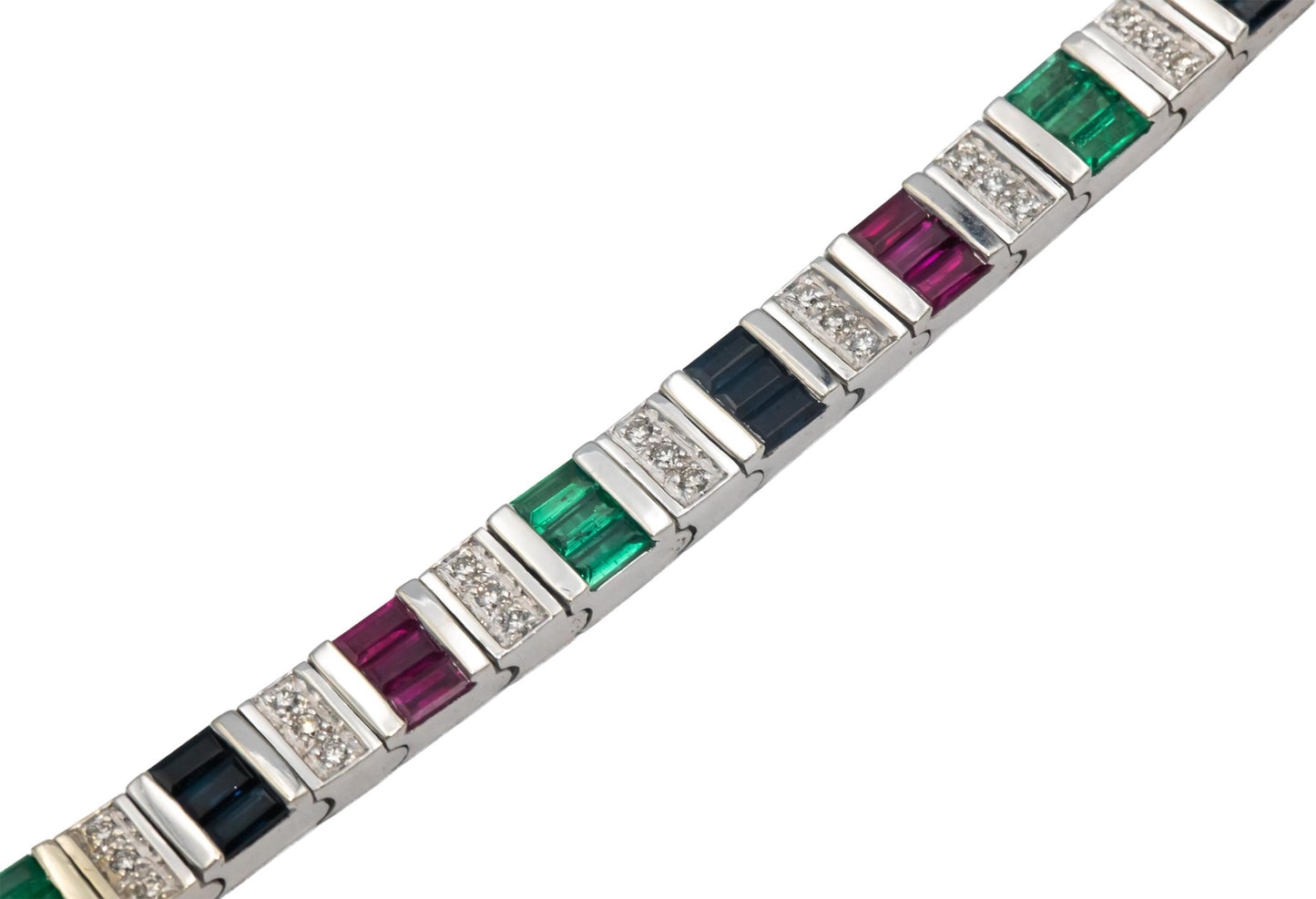 14k White Gold Diamond Ruby Sapphire Emerald Fancy Bracelet 5.85CT