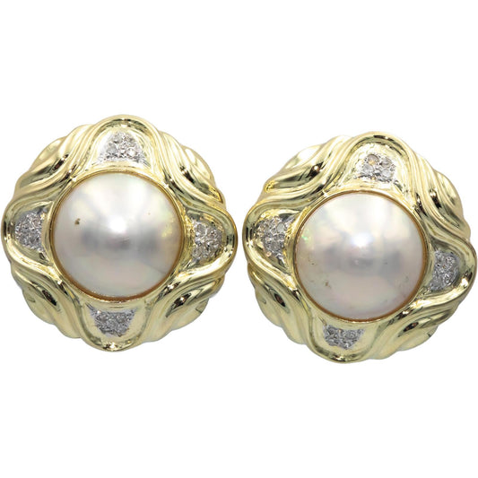 14k Yellow Gold 0.15CT Diamond and 12mm Mabe Pearl Earrings
