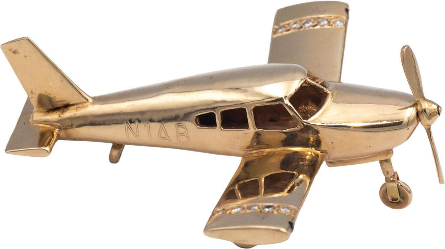 Custom Rare 14k Yellow Gold Diamond and Ruby Airplane Charm 0.25CT
