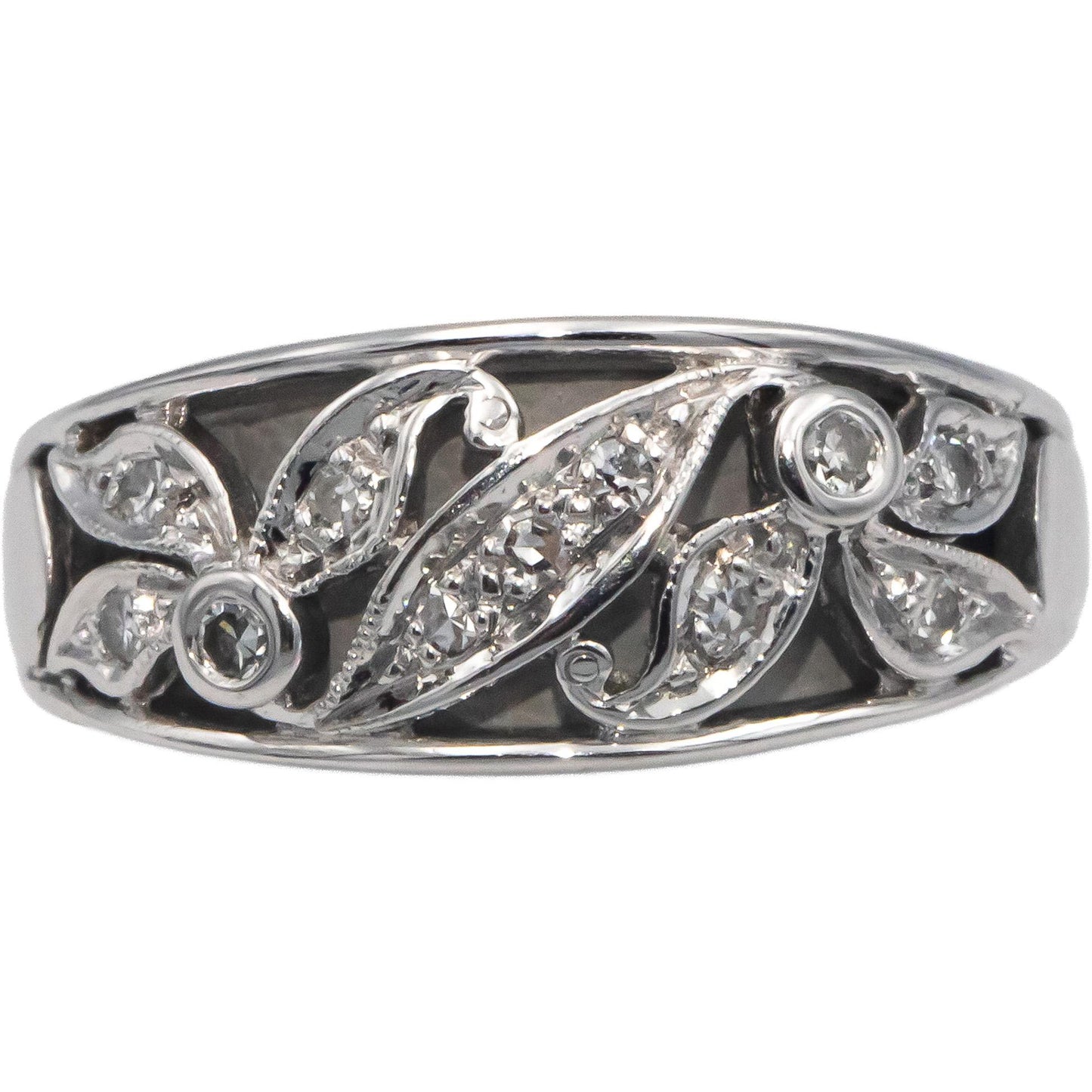 14k White Gold 0.15CT Round Cut Diamond Floral Band Ring Size 6.5