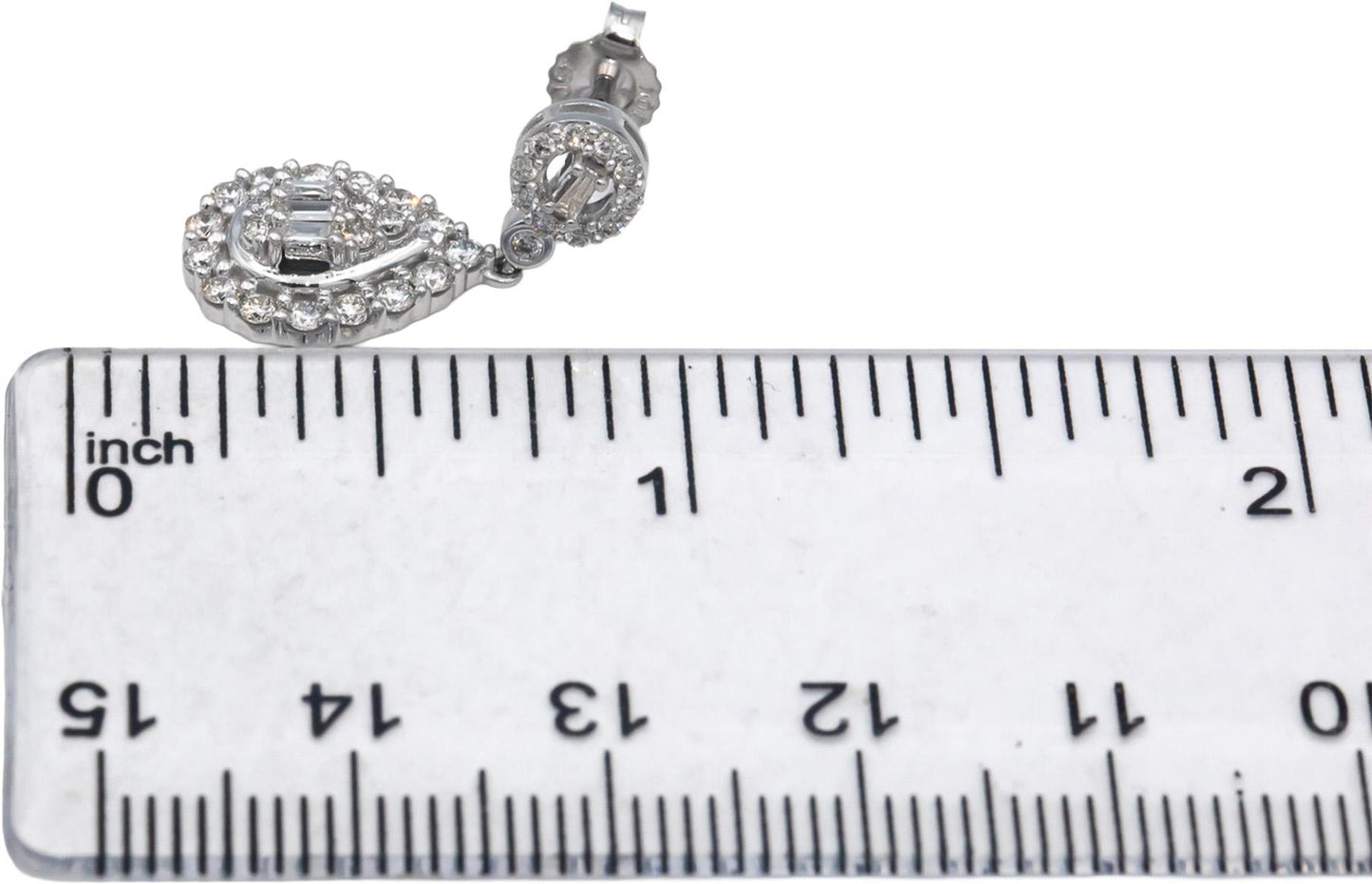 10k White Gold 1.0CT Round and Baguette Cut Diamond Cluster Dangle Earrings